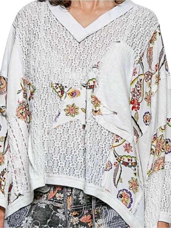 POL Tops - New POL Lace & Mixed Patchwork V Neck Ivory Oversized Top